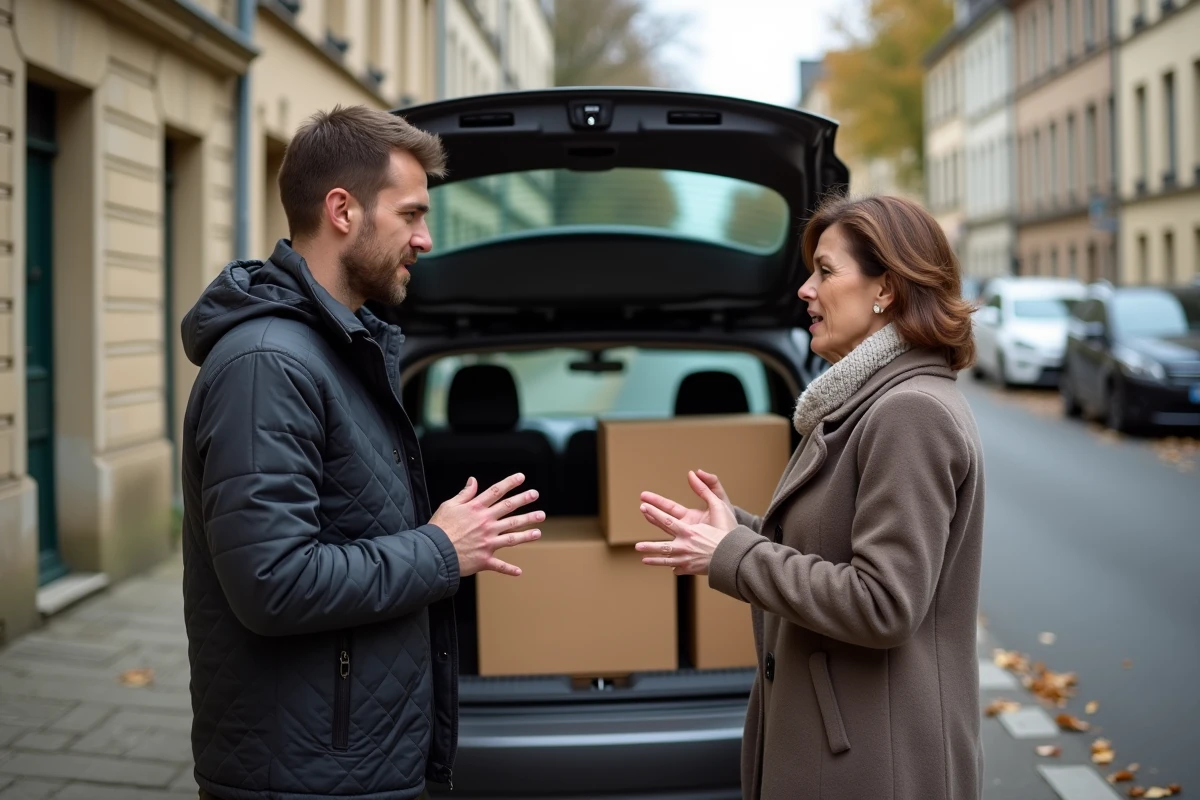 Deux personnes en désaccord lors d'une transaction de vente entre particuliers sur un trottoir, coffre de voiture ouvert avec des objets à vendre