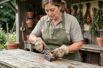 Femme entretenant des sécateurs rouillés avec de la laine d'acier sur un établi en bois dans un jardin rustique