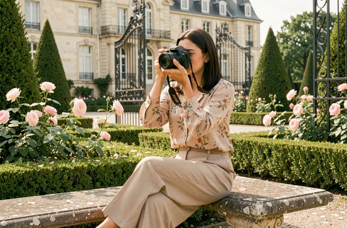Photographe Nina Pontida assise dans les jardins d'un château angevin, regardant dans son viseur avec concentration devant une façade en tuffeau