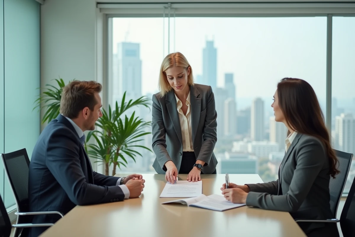 Notaire présentant un barème d'honoraires à un couple de clients dans un cabinet moderne avec vue sur la ville