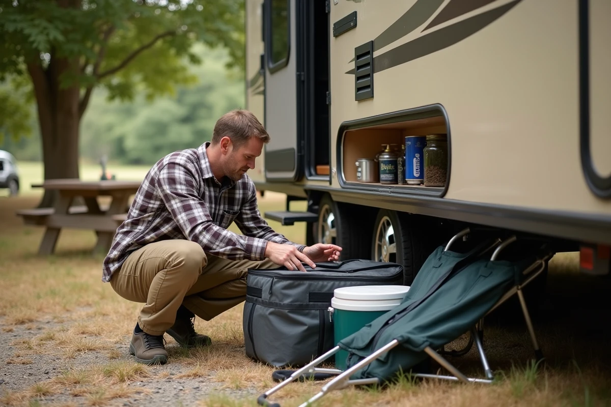 Homme organisant l'équipement de camping dans le coffre latéral d'un camping-car