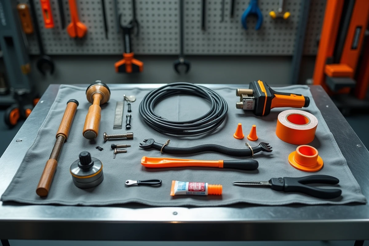 Outils nécessaires au démontage d'un pare-brise disposés sur un établi d'atelier automobile