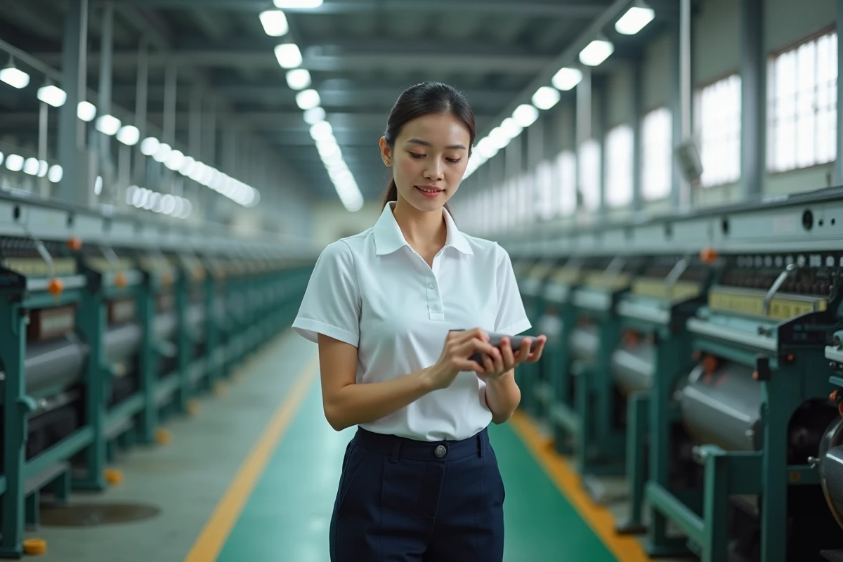 Ouvrière vietnamienne dans une usine textile moderne à Hanoï, représentant l'industrie manufacturière en plein essor au Vietnam