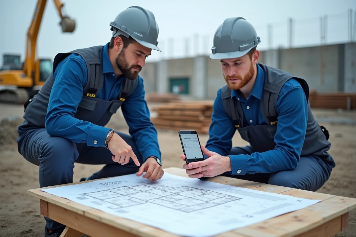 Deux ouvriers de chantier consultant un plan de construction et une application de gestion sur smartphone