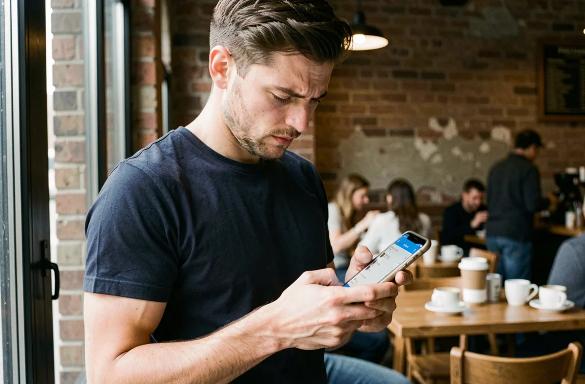 Homme paramétrant l'anonymat sur Snapchat dans un café urbain avec son téléphone portable