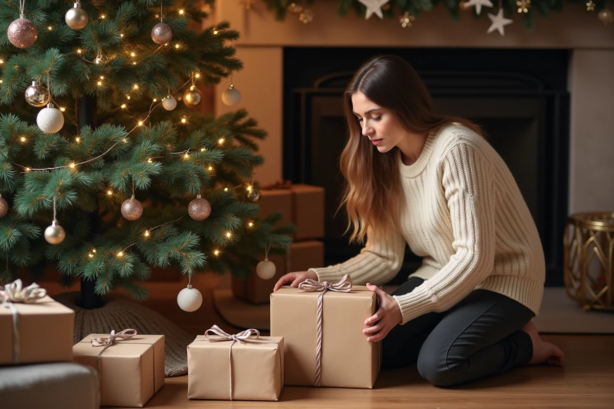 Maman déposant un cadeau emballé représentant un carnet de dessin sous le sapin de Noël décoré