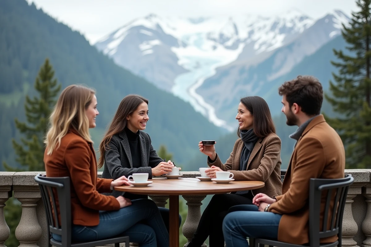 Pause café entre collègues lors d'un séminaire en plein air sur une terrasse en pierre avec vue sur la vallée savoyarde