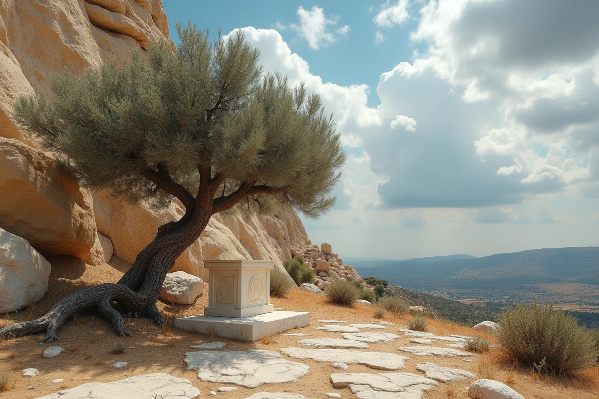 Paysage méditerranéen avec un olivier noueux et un autel en pierre gravé de symboles grecs archaïques évoquant Gaïa, Ouranos et le cycle mythologique