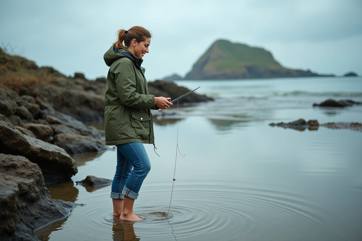 Femme pêchant dans les rochers et flaques de marée sur le littoral du Guilvinec en Bretagne