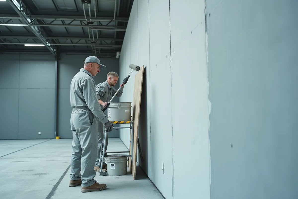 Deux peintres professionnels enduisant au rouleau un grand mur industriel en collaboration