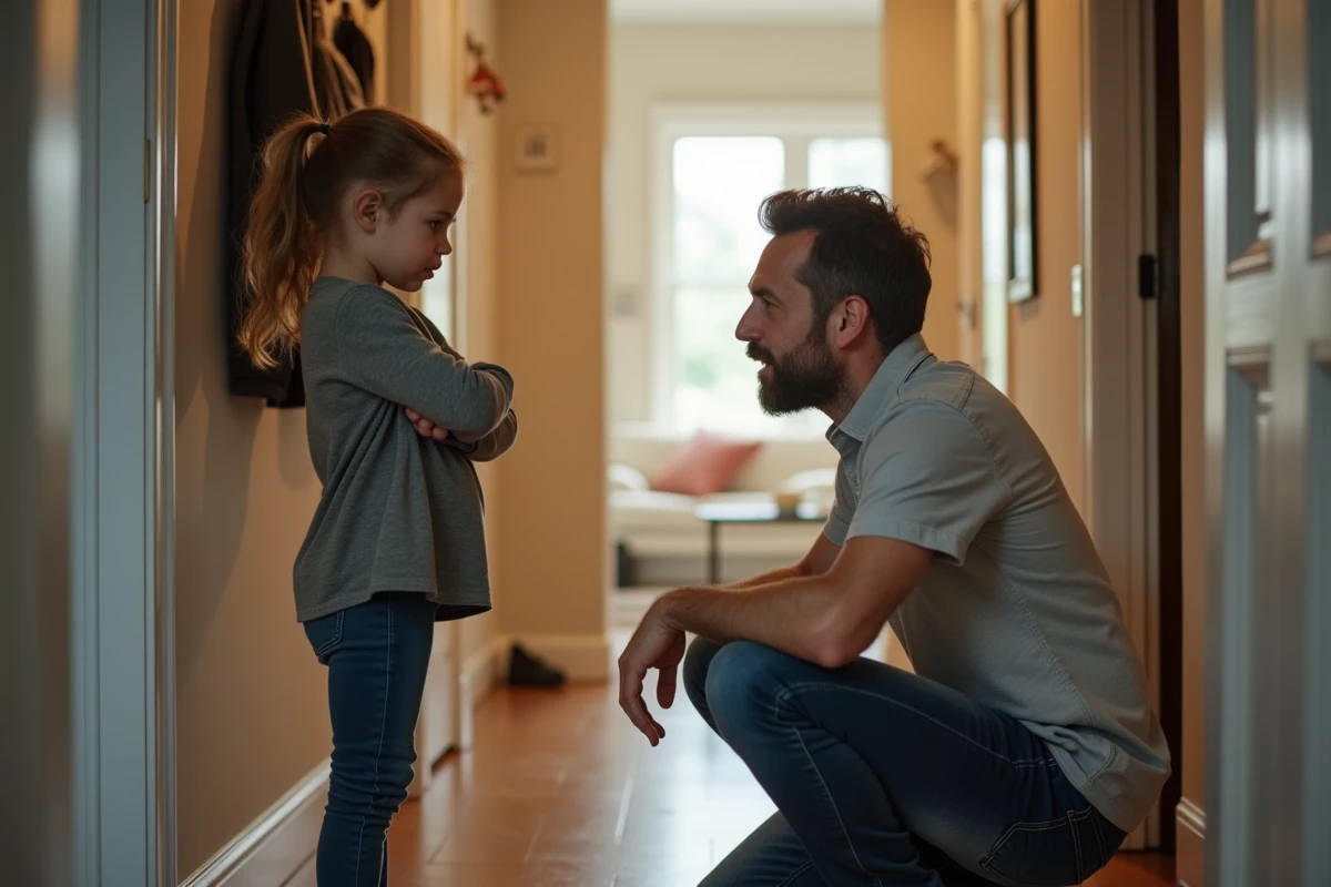 Père agenouillé face à sa fille bras croisés dans un couloir, illustrant un moment de conflit parental et de tentative de communication