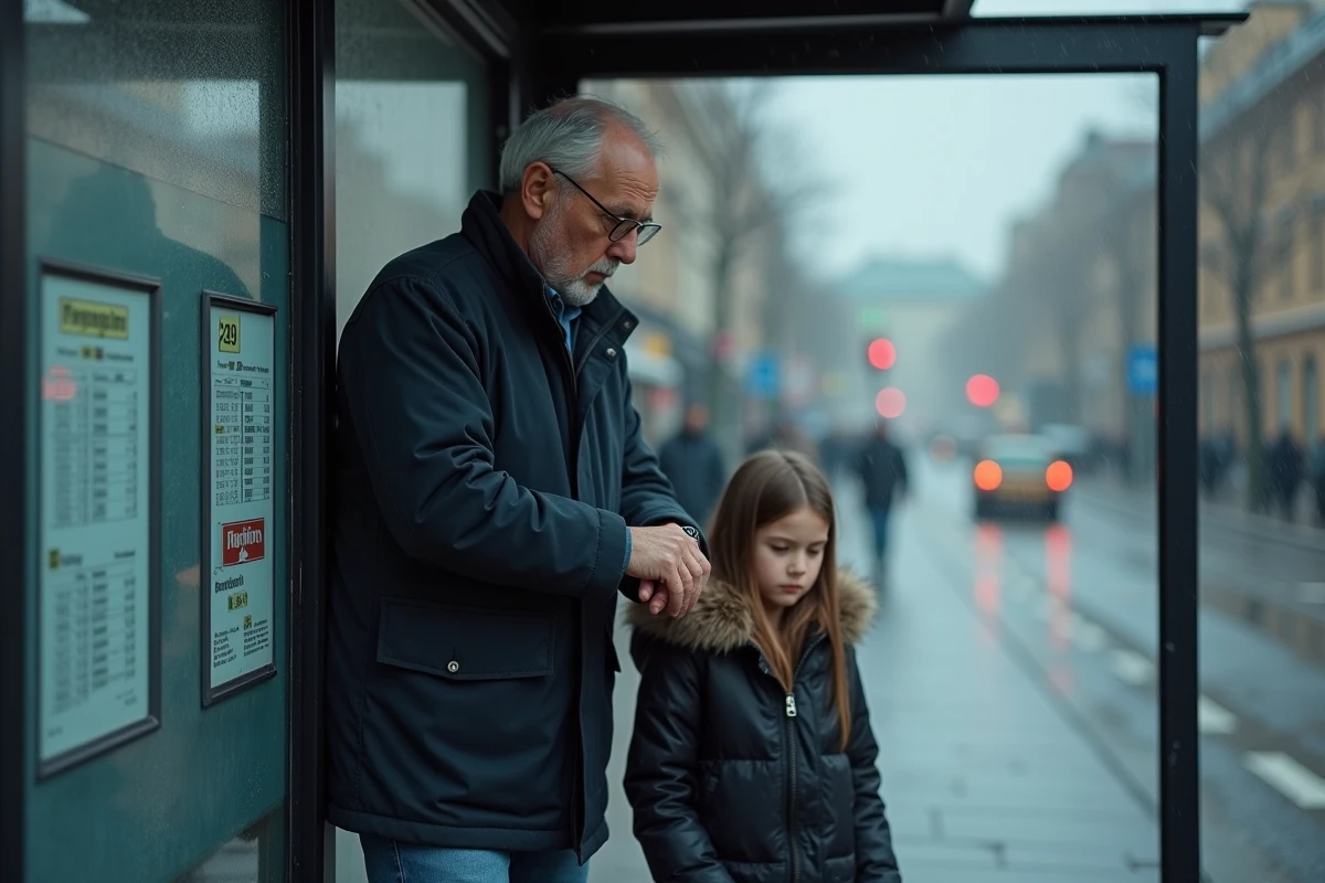 Père et fille attendant le bus ligne 249 sous un abribus en consultant les horaires affichés