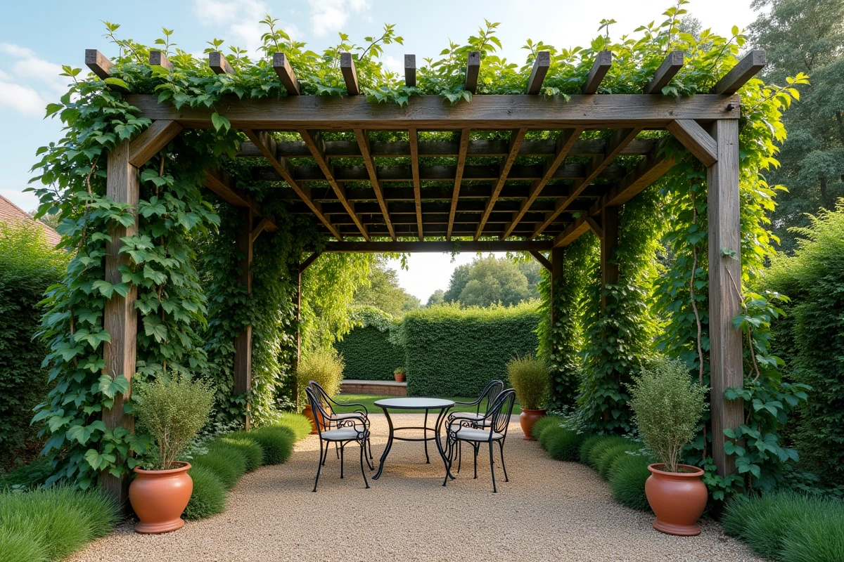 Vue sous une pergola végétale recouverte de rosiers grimpants et de vigne vierge
