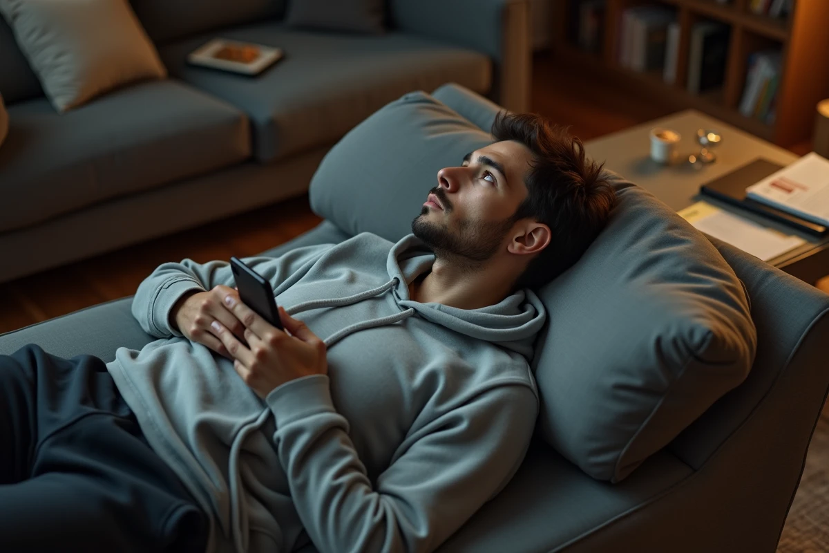 Personne allongée sur un canapé regardant le plafond avec un téléphone sur la poitrine, représentant l'isolement et la détresse émotionnelle liés au burn-out