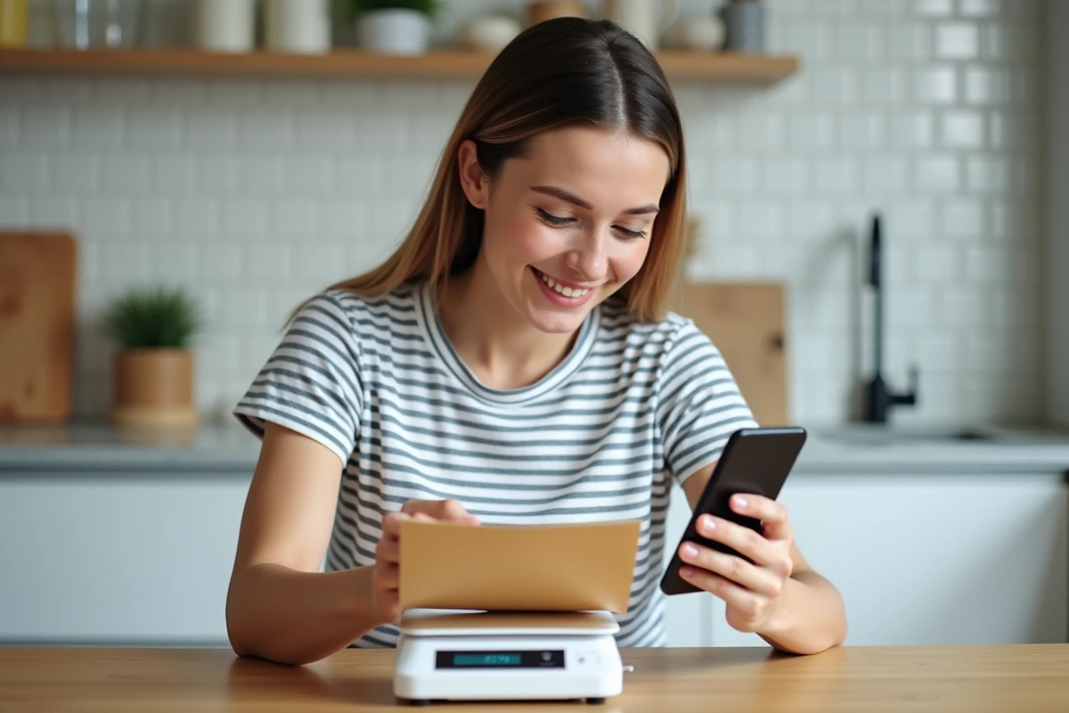 Jeune femme pesant une enveloppe sur une balance postale numérique en consultant une application de calcul de timbre sur smartphone