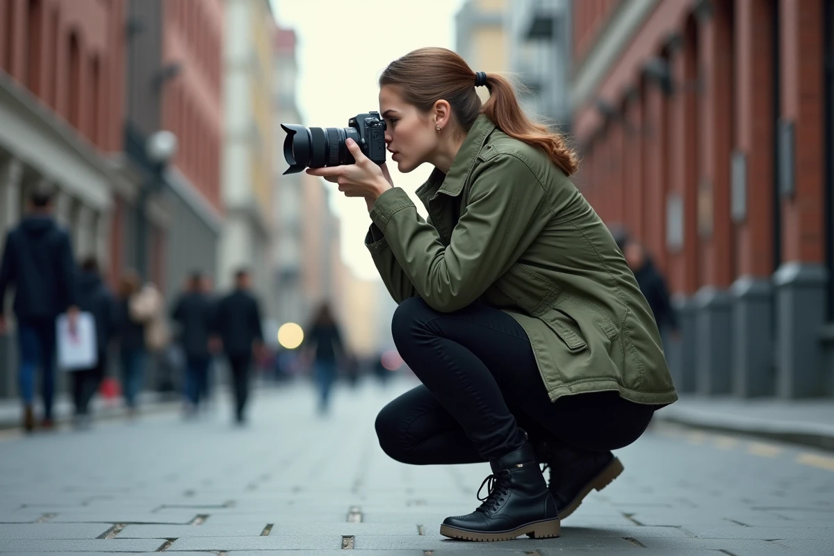 Femme photographe utilisant un appareil photo sans miroir en plein air dans une rue urbaine