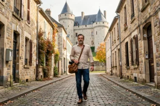 Photographe professionnel se promenant dans les rues d'Angers en Maine-et-Loire avec le Château en arrière-plan, illustrant le top 10 des photographes du département