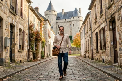 Photographe professionnel se promenant dans les rues d'Angers en Maine-et-Loire avec le Château en arrière-plan, illustrant le top 10 des photographes du département