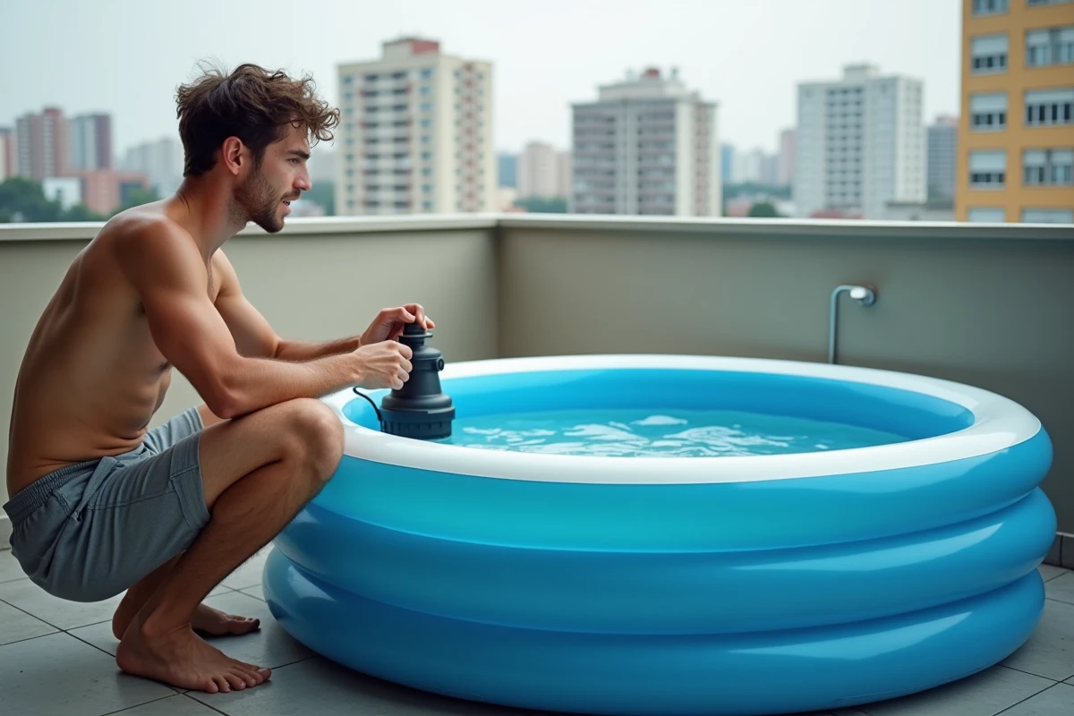 Petite piscine gonflable sur un balcon urbain, non soumise à la taxe foncière ni à la déclaration de travaux