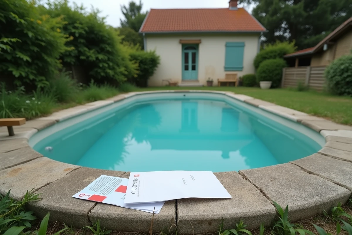 Piscine enterrée non déclarée avec un avis d'amende posé sur la margelle dans un jardin résidentiel