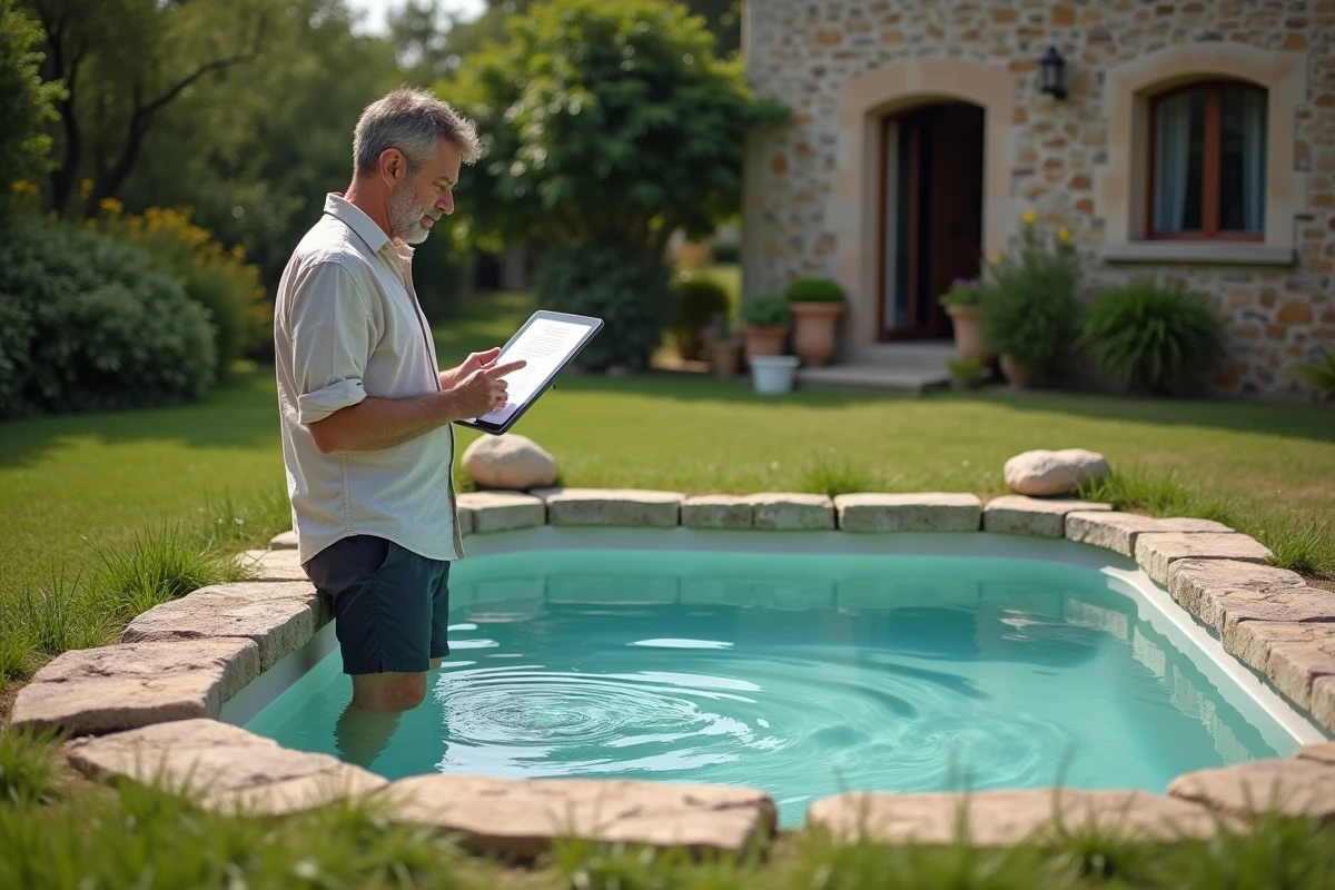 Piscine semi-enterrée sans structure permanente dans un jardin rural, potentiellement exonérée d'impôts locaux