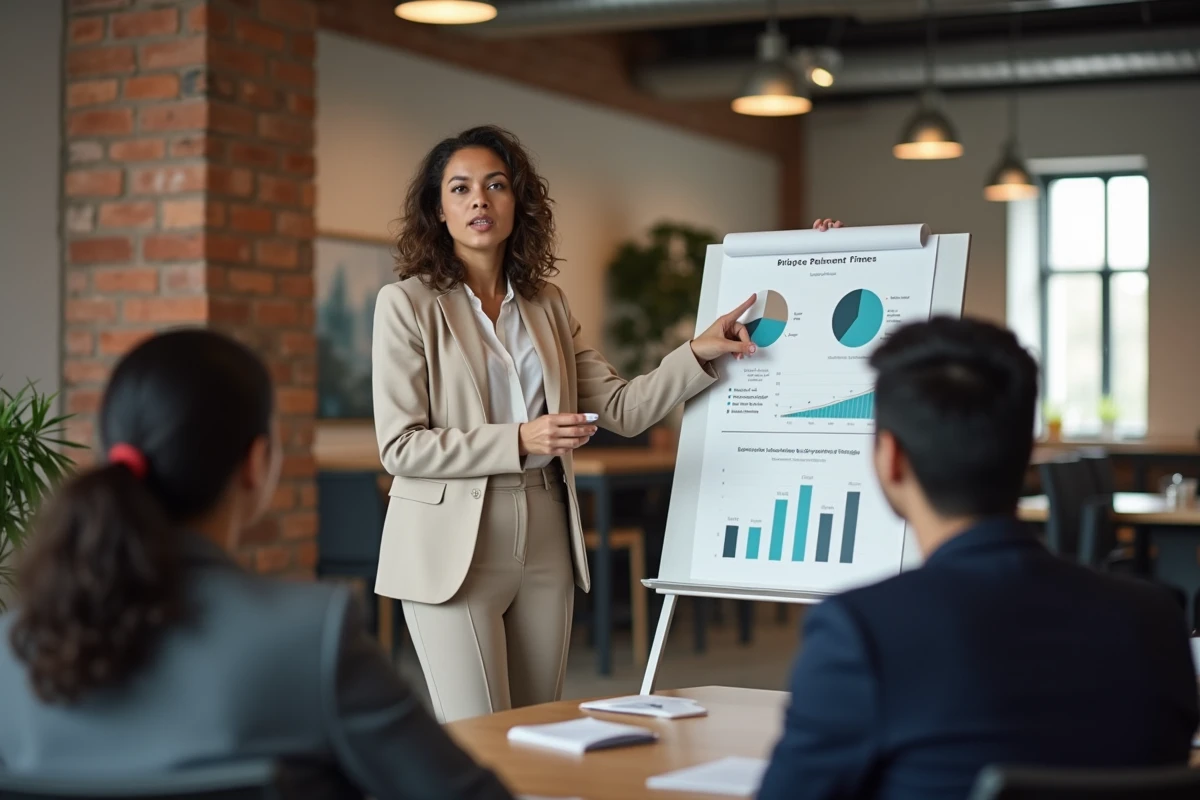Jeune entrepreneuse présentant ses projections financières à des investisseurs lors d'un pitch en espace de coworking