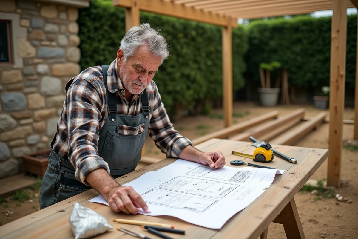 Homme consultant un plan de construction pour l'installation d'une pergola végétale dans le jardin
