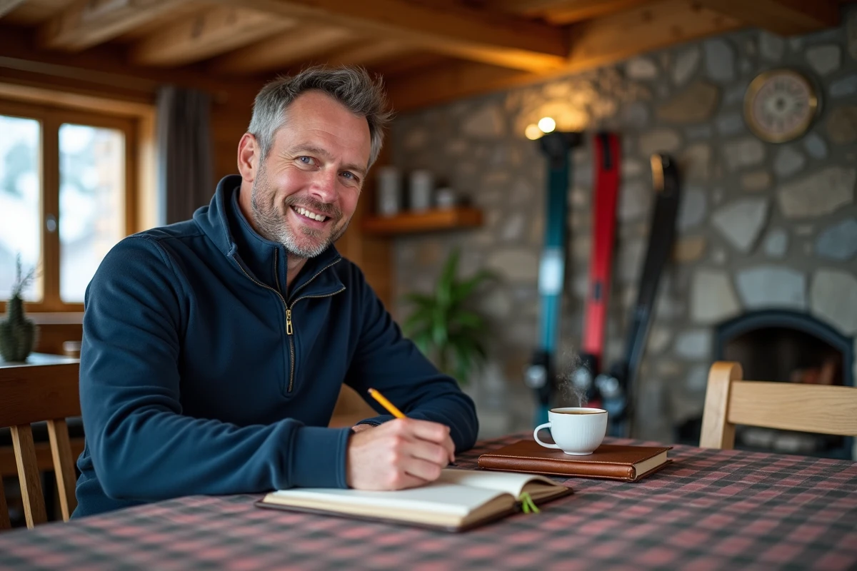 Voyageur planifiant son itinéraire dans un chalet savoyard traditionnel