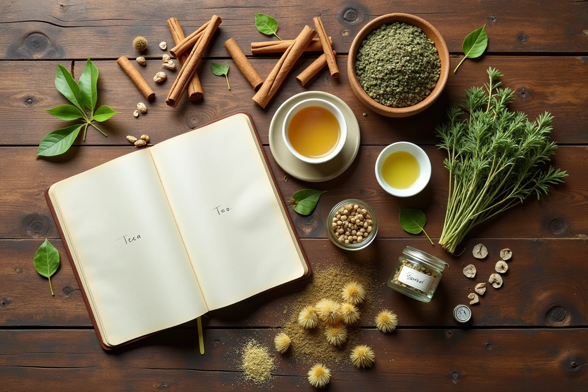 Vue aérienne de plantes médicinales et d'herbes naturelles pour favoriser la perte de poids sur une table en bois rustique