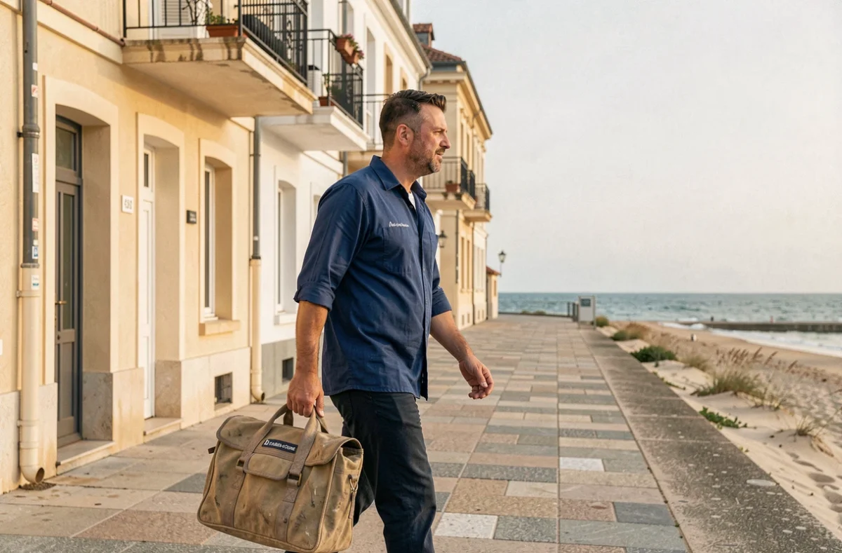 Plombier de la Plomberie des Olonnes marchant sur le front de mer des Sables-d'Olonne avec un sac d'outils