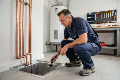 Plombier professionnel en Vendée inspectant des canalisations dans une buanderie moderne