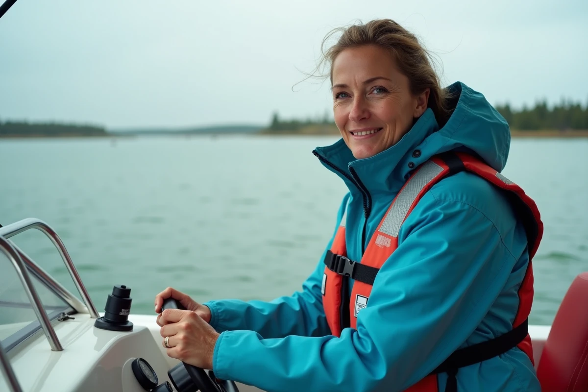 Femme pratiquant la conduite d'un bateau à moteur lors d'une leçon pratique de permis bateau en mer