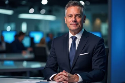 Présentateur homme de CNews en costume sombre assis derrière le bureau du plateau télévisé