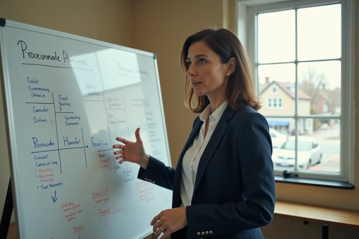 Femme présentant l'organisation d'un comité des fêtes sur un tableau blanc lors d'une réunion municipale