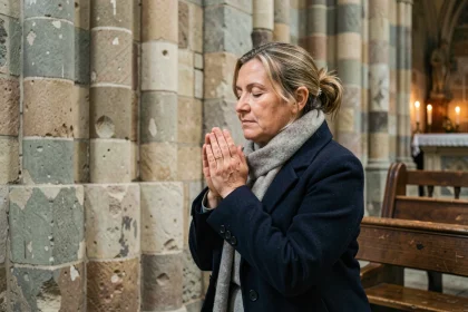 Femme en prière dans une église gothique de Valenciennes, mains jointes et expression recueillie
