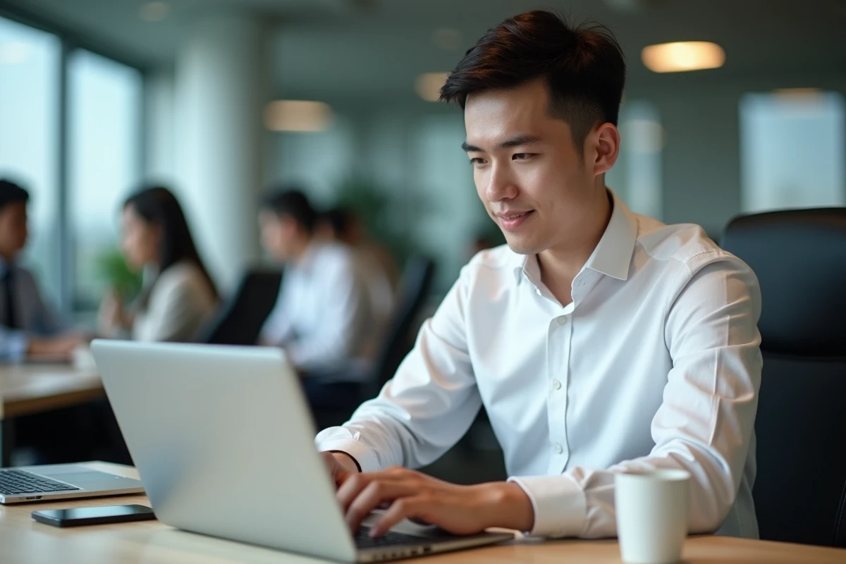 Jeune professionnel répondant immédiatement à un email au bureau pour appliquer la règle des 2 minutes en productivité