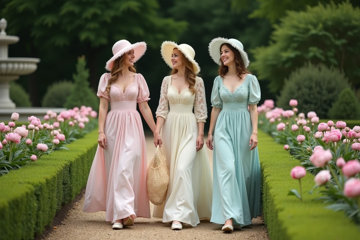 Trois femmes en robes Régence pastel se promenant dans un jardin anglais fleuri, scène de vie sociale inspirée de l'univers de Bridgerton