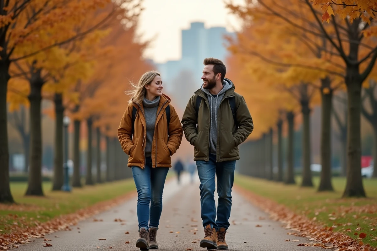 Couple se promenant dans un parc urbain en automne en fin de journée, illustration des meilleurs moments pour pratiquer la marche