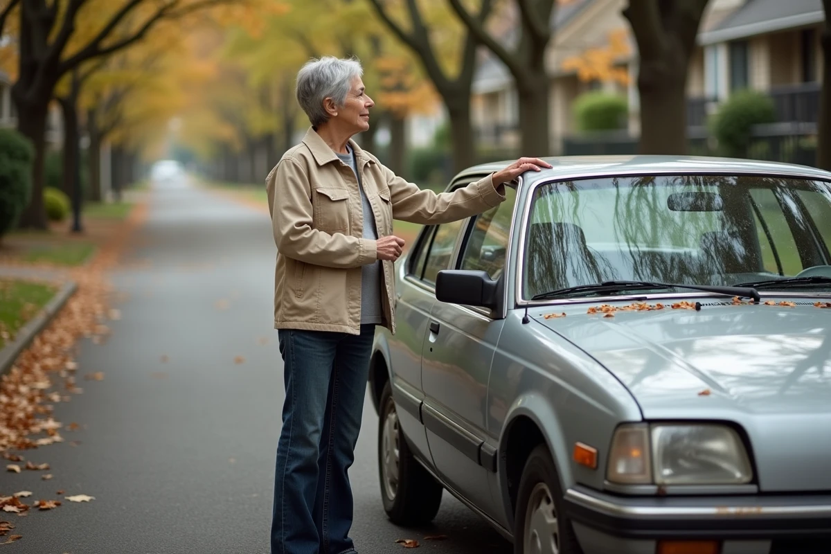 Femme propriétaire posant fièrement à côté de sa voiture électrique ancienne bien entretenue dans une rue résidentielle en automne