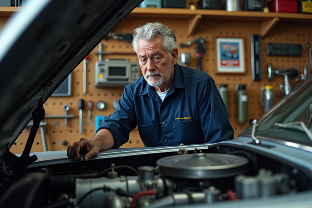 Passionné de voitures de collection inspectant le moteur d'une ancienne voiture de sport dans un garage privé bien équipé, homme quinquagénaire en chemise mécanique marine