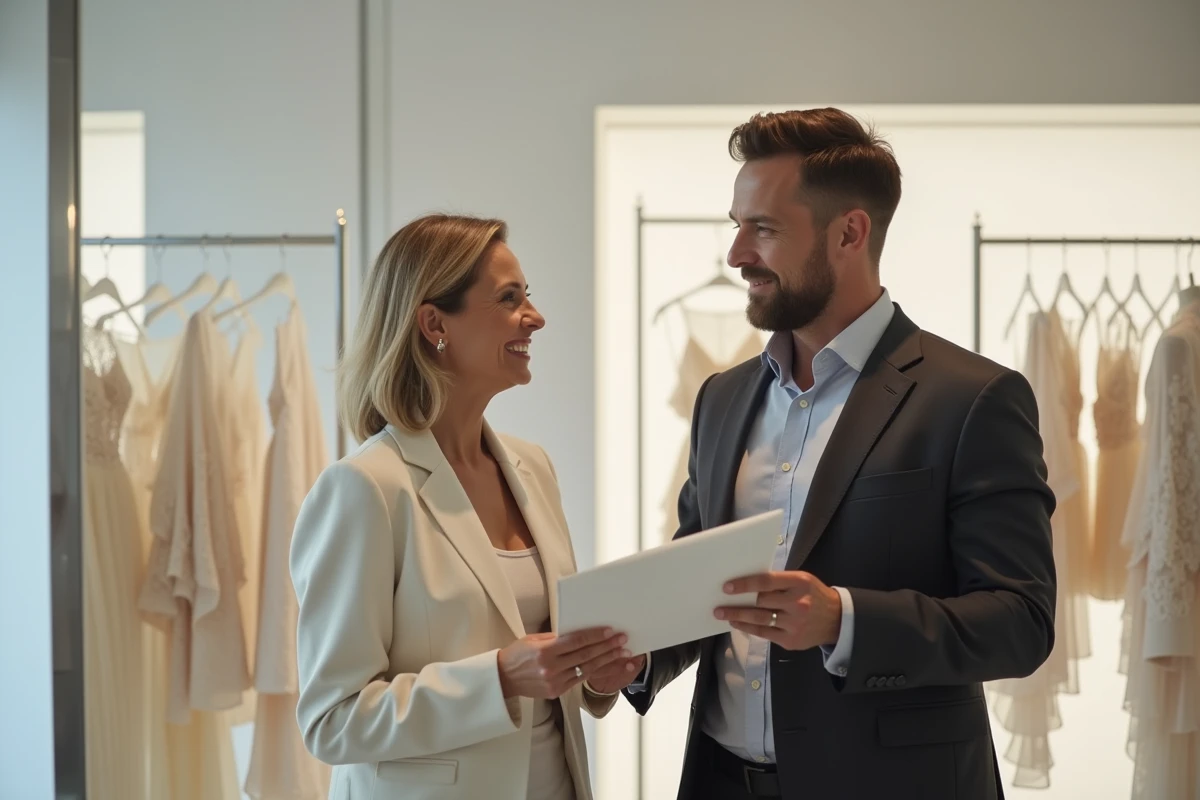 Deux propriétaires influents de la haute couture discutant dans un showroom parisien entouré de vêtements de luxe