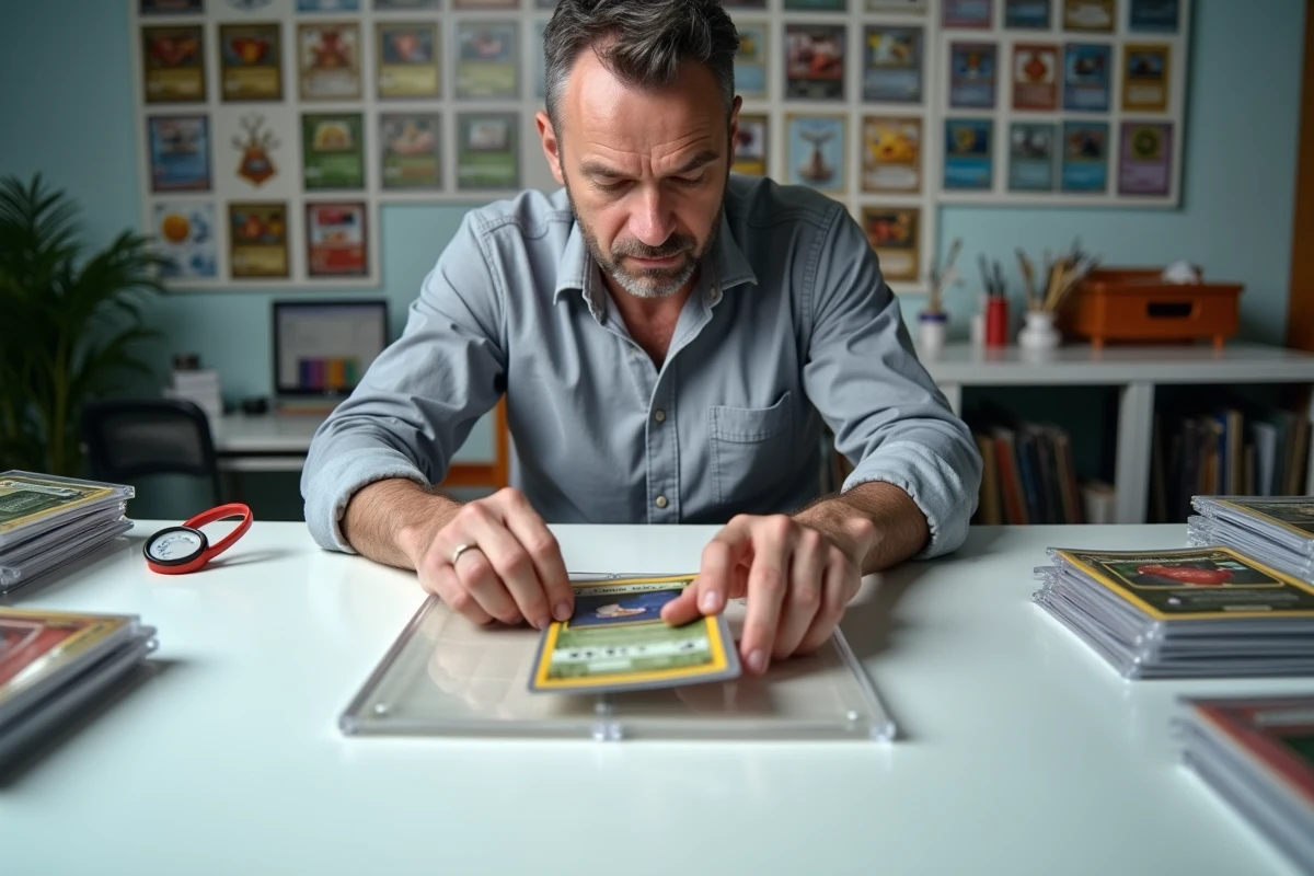 Homme rangeant une carte Pokémon rare dans un étui de protection rigide lors d'une session d'estimation et de conservation
