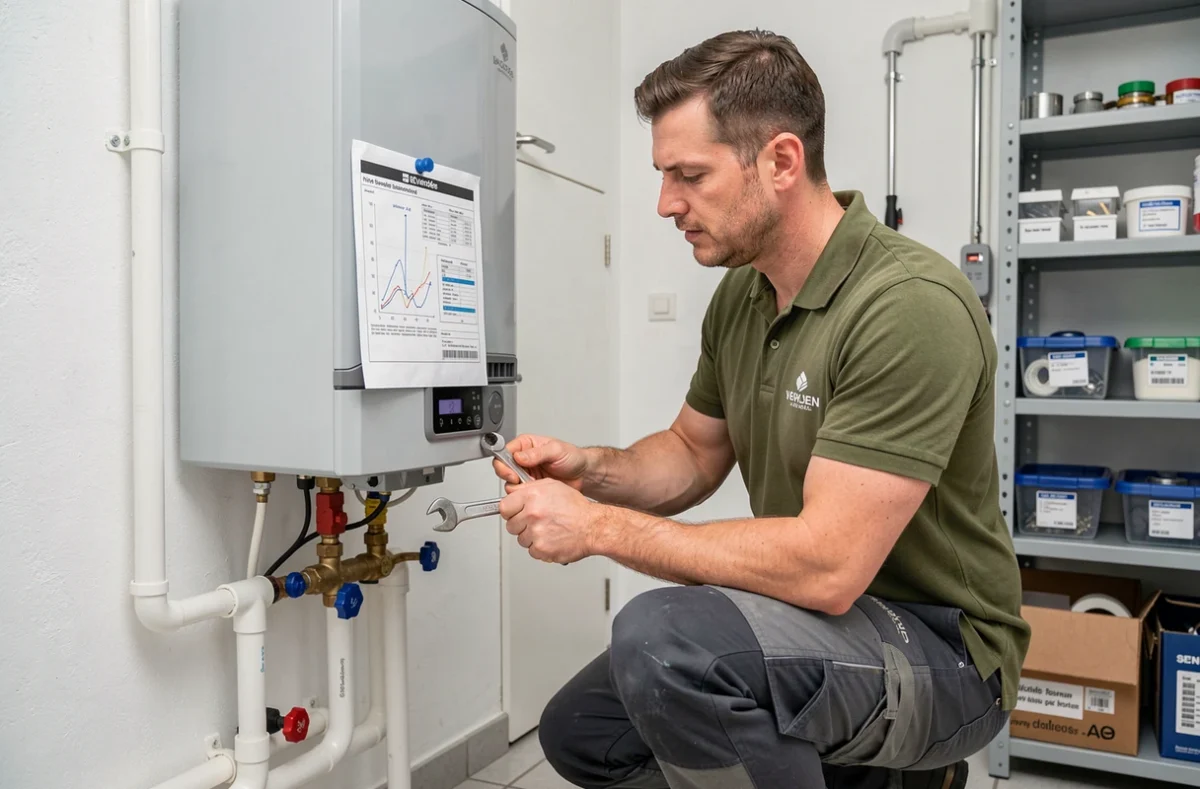 Technicien de PUAUD Sarl réglant un chauffe-eau dans une maison pavillonnaire vendéenne