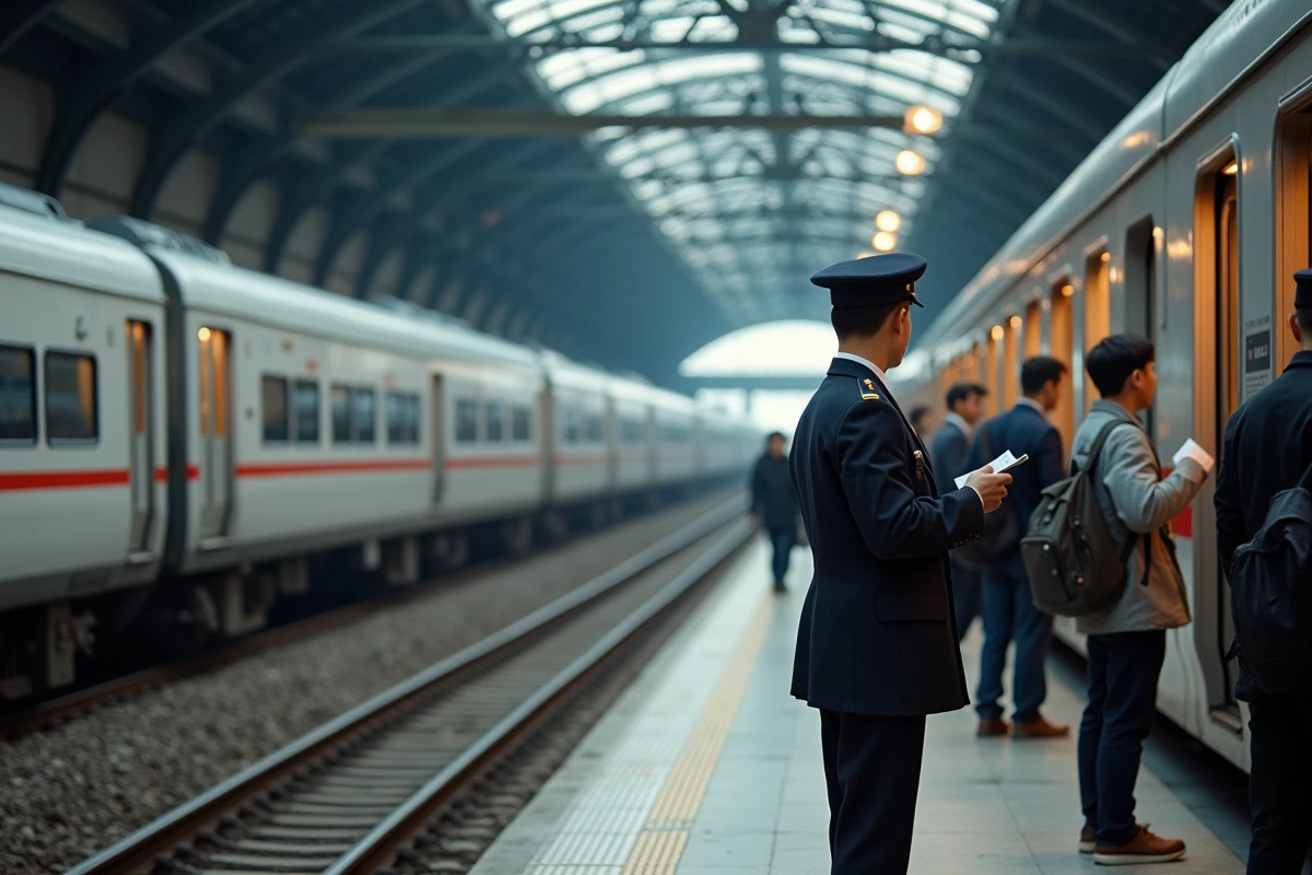 Quai de gare animé avec des trains à grande vitesse et des voyageurs embarquant dans la plus grande gare du monde