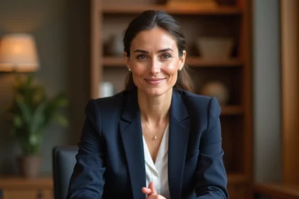 Femme professionnelle en blazer marine lors d'une interview médiatique, posture assurée et expression réfléchie