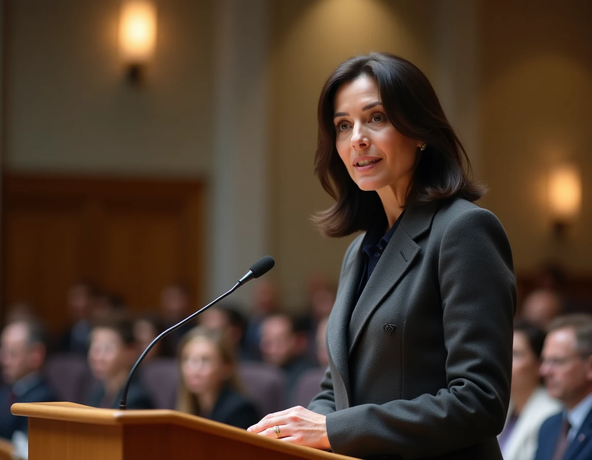 Femme politique prenant la parole en public lors d'une conférence, posture de leadership et regard déterminé