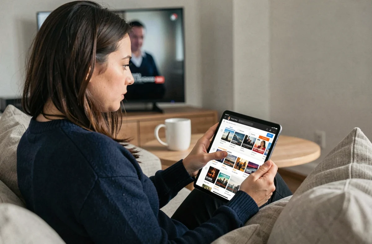Femme recherchant sur tablette la nouvelle adresse d'un site de streaming de films depuis son salon