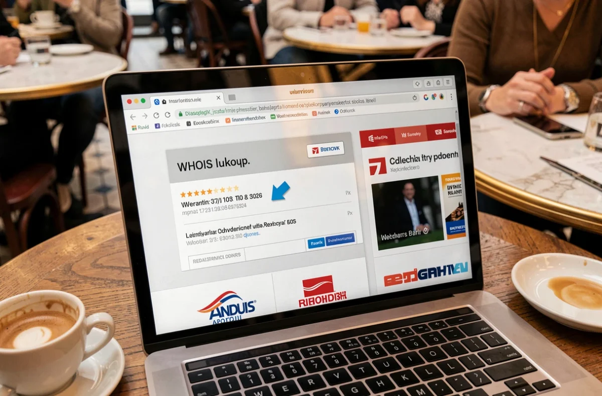 Écran d'ordinateur affichant une recherche WHOIS et une redirection de nom de domaine vers un site politique, posé dans un café parisien