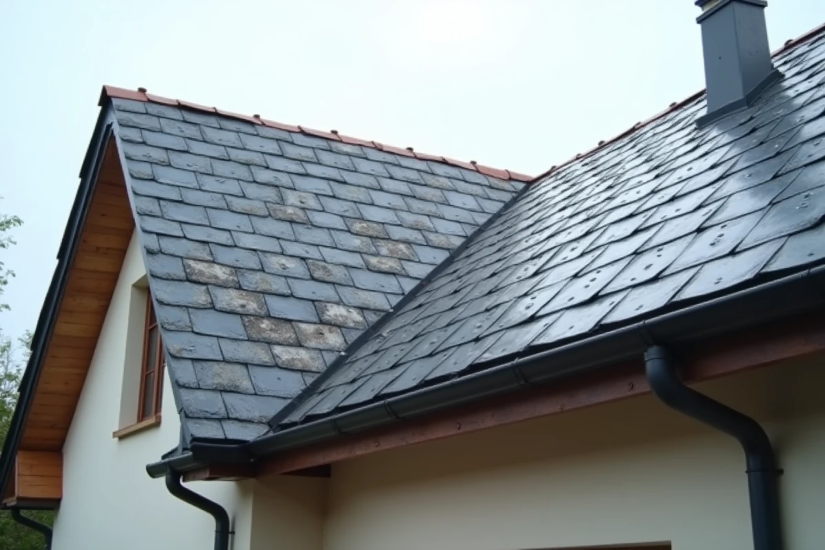 Comparaison entre ancienne toiture dégradée et nouvelle couverture en ardoise lors d'une réfection