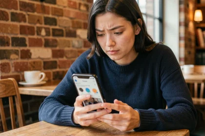 Jeune femme consultant une story Instagram sur son smartphone dans un café, air pensif et discret